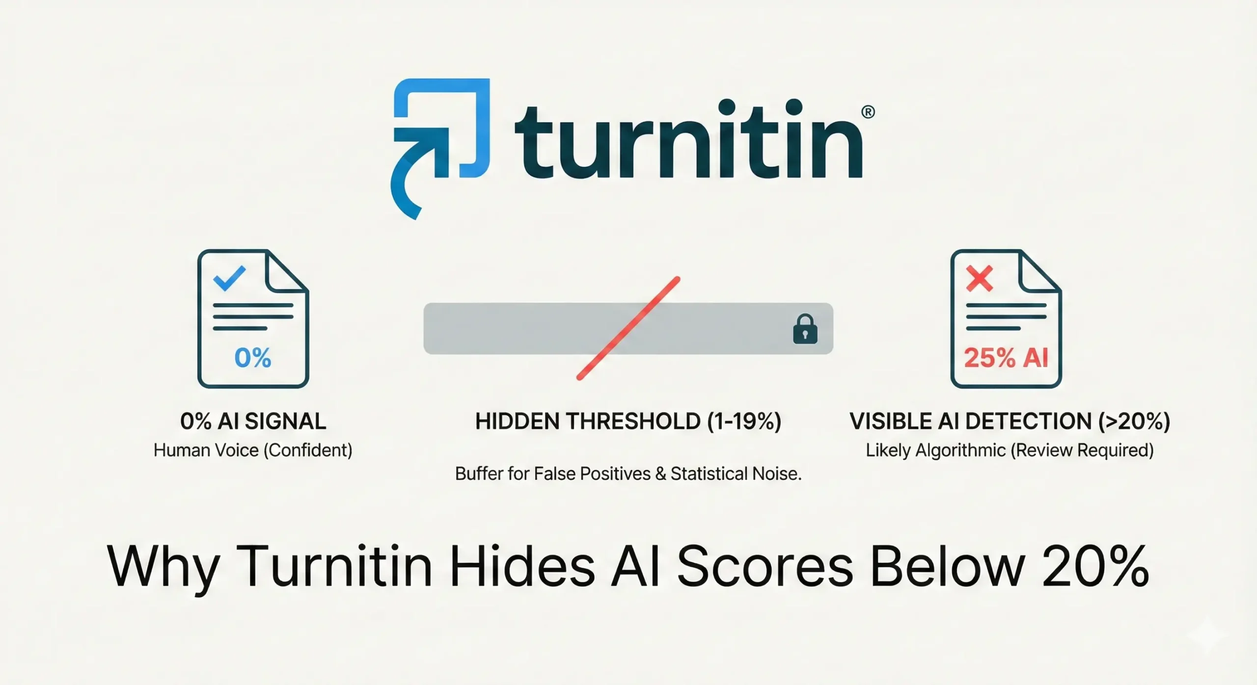 # Why Turnitin Doesn’t Show AI Scores Below 20% — And What That Means The integration of artificial intelligence into academic writing has fundamentally changed how students produce work and how educators evaluate it. Among the tools at the forefront of this shift is Turnitin’s AI detection feature. However, many students and researchers are left puzzled when they receive a report that shows 0% AI, while they know that the system often ignores scores between 1% and 19%. Understanding the mechanics behind this hidden threshold is essential for maintaining academic integrity and reducing the anxiety often associated with automated reports. This guide breaks down why Turnitin implements a 20% visibility threshold, what a 0% score actually signifies, and how to interpret these results through a lens of statistical probability. --- ## 1. How Turnitin AI Detection Works A High-Level Overview To understand the 20% threshold, one must first understand how Turnitin sees AI. Unlike plagiarism detection, which compares text against a massive database of existing documents to find matches, AI detection is probabilistic. ### Linguistic Predictability and Perplexity Turnitin’s AI writing detection model is trained to identify the hallmarks of Large Language Models (LLMs) like GPT-4. AI models generate text by predicting the next most likely word in a sequence. This results in writing that has low perplexity (it is very predictable) and low burstiness (the sentence structure and length are very uniform). ### Structural Analysis The detector looks at patterns. Humans tend to write with noise—we use idioms incorrectly, vary our sentence lengths drastically, and weave in personal anecdotes or unconventional logic. AI, by contrast, is highly structured and consistent. Turnitin’s algorithm assigns a probability score to each segment of a document, determining how likely it is that the segment was generated by an algorithm rather than a human mind. --- ## 2. Why Turnitin Shows 0% but Hides 1–19% One of the most common questions from students is If Turnitin can detect 15% AI, why does it tell me it's 0% or show nothing at all There is a vital distinction between a 0% score and a sub-20% score. ### 0% AI The Absence of Signal When a report displays 0% AI, it indicates that the system found no detectable AI signal. The linguistic patterns throughout the paper do not match the mathematical signature of an LLM. In this case, the detector is confident that the writing style is human-consistent. ### 1–19% AI The Weak Signal If the detector finds that, for example, 12% of a paper looks like AI, it does not surface that number. Instead, it effectively hides the score. This is because Turnitin considers scores below 20% to be statistically unreliable. At these low levels, the signal of AI is so weak that it is indistinguishable from noise (human writing that happens to look robotic). ### The Logic of the Threshold Turnitin intentionally sets a buffer zone to prevent unnecessary confrontations between students and faculty. By not surfacing these low scores, the system acknowledges that its confidence level is not high enough to warrant an accusation of academic misconduct. --- ## 3. Understanding False Positives in AI Detection The primary reason for the 20% threshold is the risk of false positives. A false positive occurs when the software flags human-written text as AI-generated. ### Why Does Human Writing Look Like AI Several factors can cause a human-written document to trigger AI detection flags Highly Formal Academic Tone Academic writing requires a level of precision and standardized phrasing that can mimic the predictability of AI. Non-Native English Structures Students writing in their second or third language may rely on standard grammatical templates or simpler sentence structures that AI models also favor. Repetitive Phrasing Technical papers or scientific reports often require the repetition of specific terminology, which can lower the perplexity of the text. Strict Adherence to Templates If a student follows a very rigid essay template provided by an instructor, the resulting structure may appear algorithmic. Because these factors are common in high-quality academic work, a threshold is necessary to protect students who write clearly and formally. --- ## 4. Breaking Down Turnitin’s Official Message When a score is below 20%, Turnitin provides a disclaimer that acts as a safeguard for both students and educators. Let's analyze the core of their official stance AI detection includes the possibility of false positives. Although some text in this submission is likely AI generated, scores below the 20% threshold are not surfaced because they have a higher likelihood of false positives. ### Possibility of False Positives This is a candid admission that the technology is not infallible. It reminds the user that the report is an indication, not a verdict. ### Likely AI Generated This phrase refers to the statistical probability. Even if the system thinks a paragraph is AI, it acknowledges that likely is not certainly. ### Higher Likelihood of False Positives This is the mathematical justification for the 20% rule. Statistical modeling shows that as the percentage of detected AI decreases, the error rate increases. By cutting off the display at 20%, Turnitin ensures that when a report does show a score, the probability of it being an error is significantly lower. --- ## 5. Should You Worry About a Hidden AI Score In short Usually, no. If your report does not show an AI score, or if you are aware that it fell into the hidden sub-20% category, it is rarely a cause for concern. In the context of a 2,000-word essay, 15% would represent only a few paragraphs. Such a small amount of AI-like text is often just the result of a student using standard introductory phrases, bibliographies, or technical descriptions. The threshold is designed to focus attention on significant uses of AI. Educators are generally advised to look for high-confidence flags rather than chasing marginal percentages that are likely the result of a student’s formal writing style. --- ## 6. How Educators Use AI Scores It is important to remember that Turnitin is a support tool, not an automated judge. Educational institutions are increasingly adopting policies that favor human judgment over raw percentages. Contextual Review If a score exceeds 20%, an instructor should look at which parts are flagged. Are they the student's original arguments or just the methodology section Preventing Misuse The 20% threshold prevents over-policing. It forces a level of tolerance for the natural overlap between human and machine writing. Holistic Assessment Educators are encouraged to compare the flagged work against a student's previous writing style and their performance in class discussions. --- ## 7. Common Misconceptions About Turnitin AI Detection To navigate academic integrity in 2025, we must debunk several myths Myth Reality --- --- A hidden score means I cheated but got away with it. No. A hidden score usually means your writing style was formal enough to create a false alarm. Any AI detection equals misconduct. AI tools are often used for grammar checking or brainstorming; detection does not automatically equal a breach of integrity. AI scores are 100% accurate. No AI detector is 100% accurate. They are probability engines, not truth-detectors. 0% AI means no tools were used. Not necessarily. It means no generative AI patterns were detected. It doesn't account for simple spell-checkers. --- ## Final Thoughts The 20% Threshold Is a Safeguard, Not a Warning The 20% threshold implemented by Turnitin is a crucial feature designed to protect the academic community. By refusing to surface low-confidence scores, the system reduces the noise of false positives and ensures that investigations into academic integrity are based on substantial evidence rather than statistical quirks. For students, a score of 0% or a hidden sub-20% result should be seen as a validation of their unique human voice. It indicates that your writing possesses the complexity, variation, and nuance that current AI models simply cannot replicate. --- ## FAQ Section ### Why does Turnitin show 0% AI but hide other low scores Turnitin shows 0% when there is no detectable AI signal at all. It hides scores between 1% and 19% because at those levels, the software cannot distinguish between actual AI use and a human writer using a formal, robotic tone. ### Does a hidden AI score mean Turnitin detected AI It means the system found weak patterns that resemble AI, but the confidence level is too low to be considered reliable. In most cases, these weak signals are just human writing that happens to be highly structured. ### Can Turnitin falsely detect AI in human writing Yes. This is why the 20% threshold exists. Highly technical, non-native English, or extremely formal writing is most susceptible to being falsely flagged. ### Is the 20% threshold fixed or adjustable As of now, the 20% threshold is a standard setting within Turnitin's AI detection model to ensure a baseline of reliability across all institutional reports. ### Should instructors penalize based on AI percentages Most academic policies state that AI scores should be the beginning of a conversation, not the end. A percentage alone is not proof of misconduct; it requires a manual review by the instructor. --- Would you like me to generate a meta-description or social media snippets to help promote this blog post on your channels