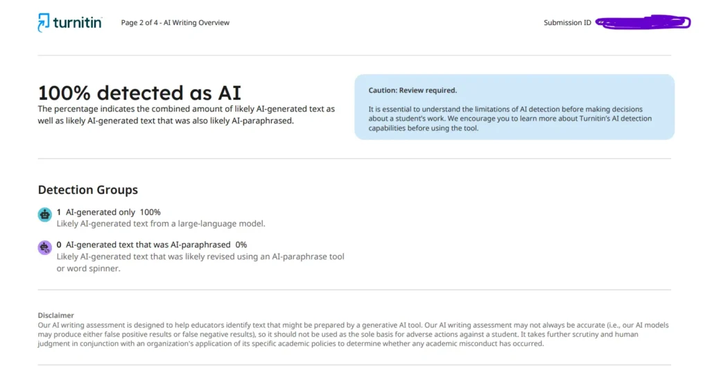 Turnitin AI detection report PDF showing “100% detected as AI